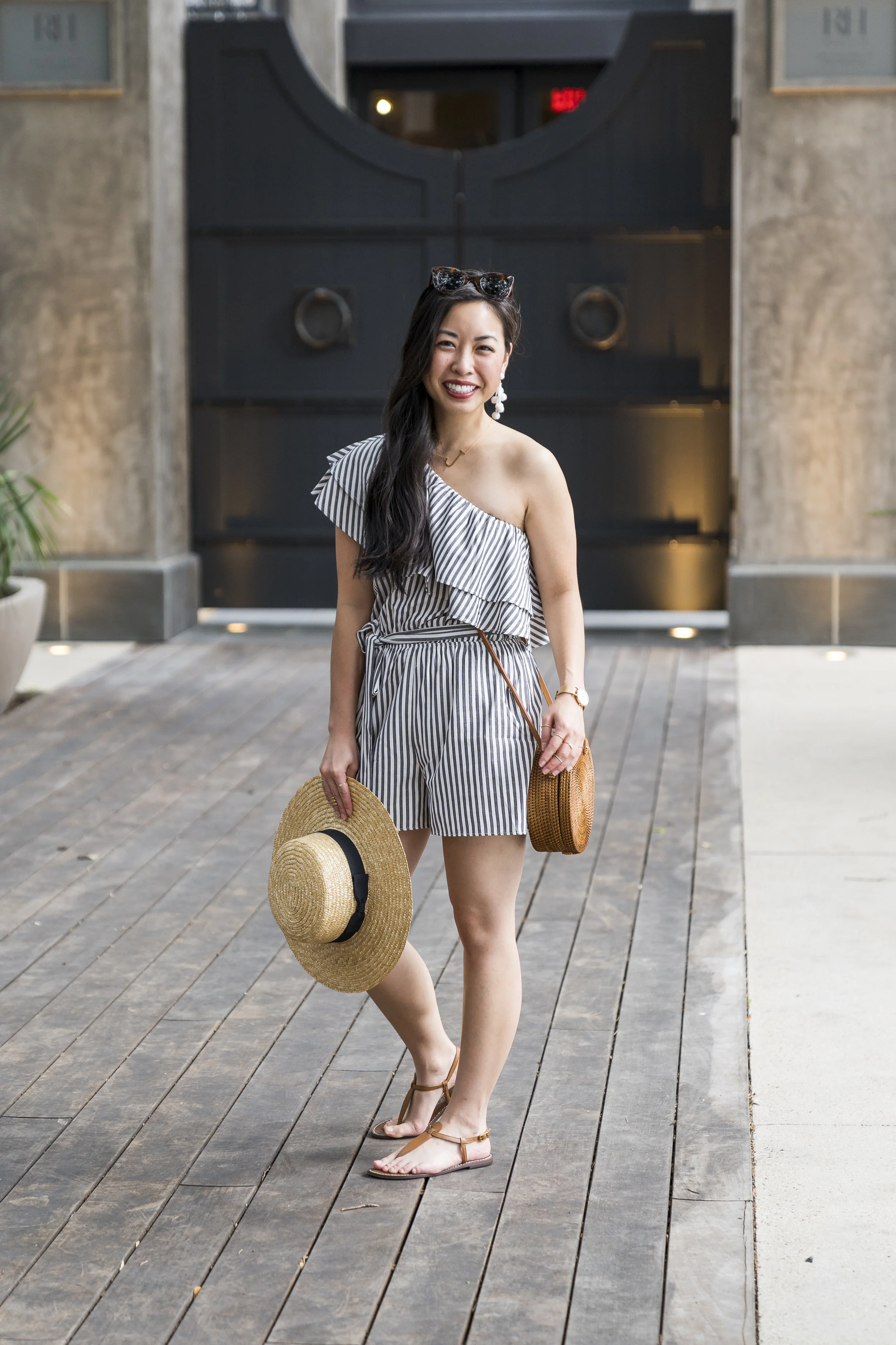 the striped one shoulder romper — janna doan